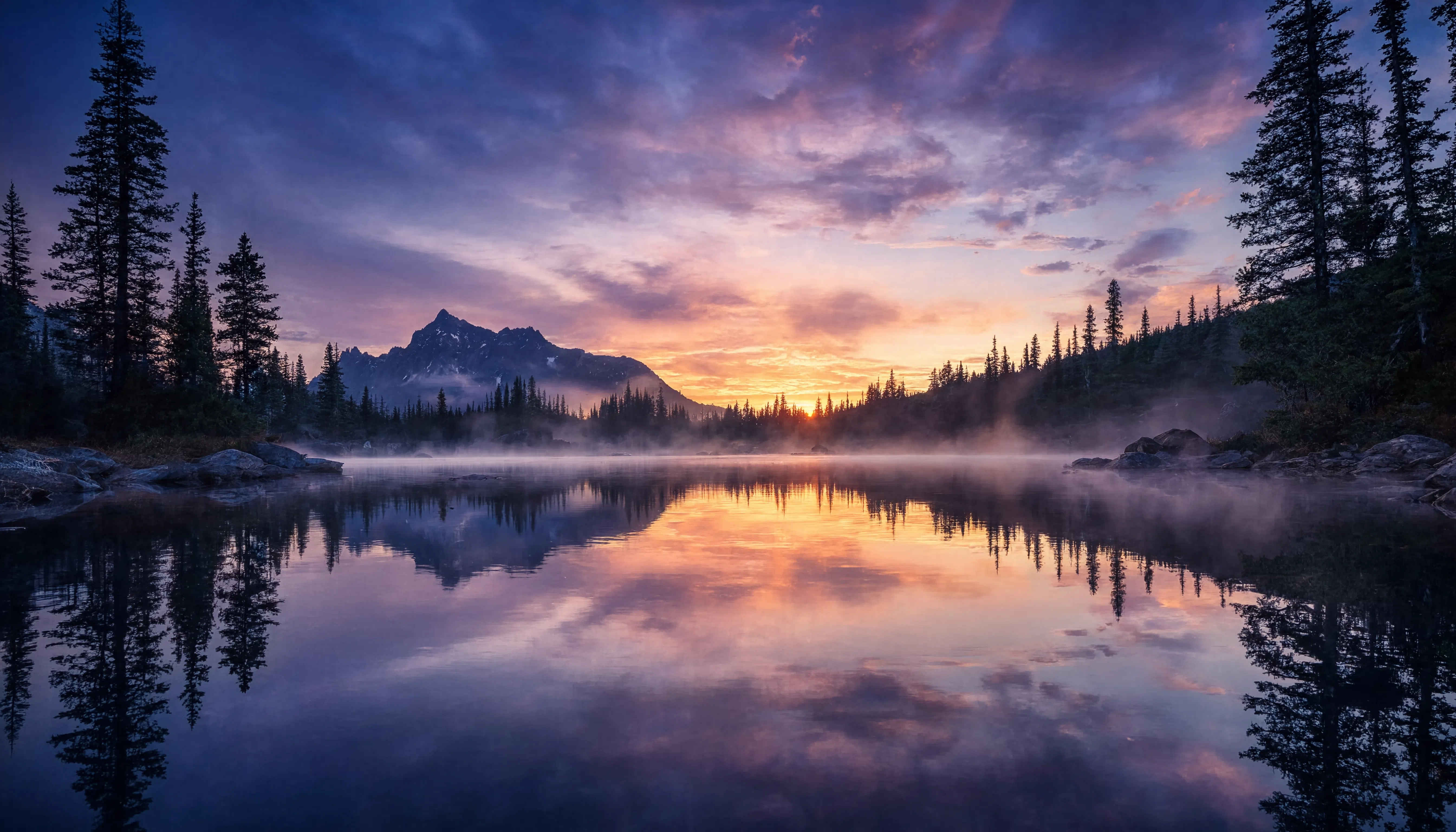 Morgennebel über einem bayerischen Alpensee — mystische Atmosphäre im deutschen Hochgebirge
